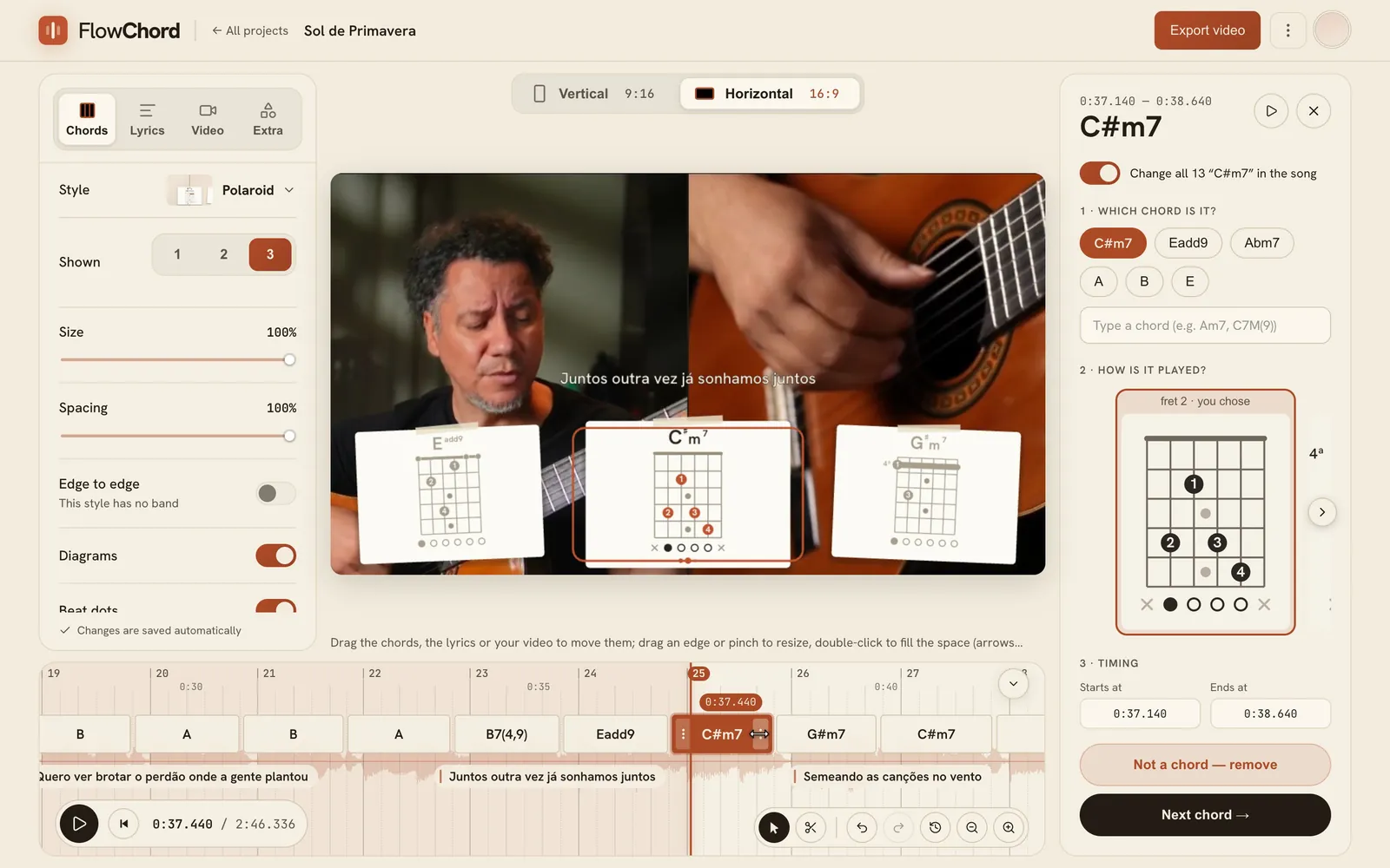 The FlowChord editor with a chord picked on the timeline and its settings open