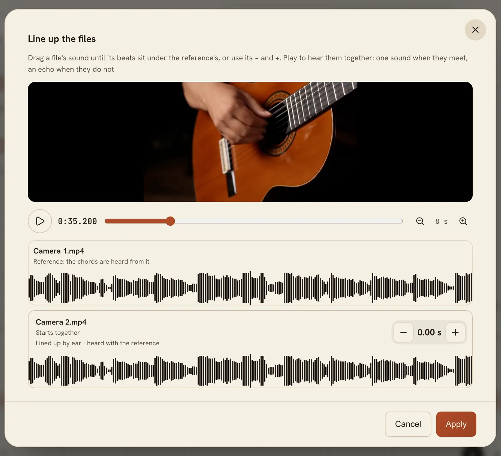 The Line up the files dialog: each file's waveform on one clock, ready to nudge by hand