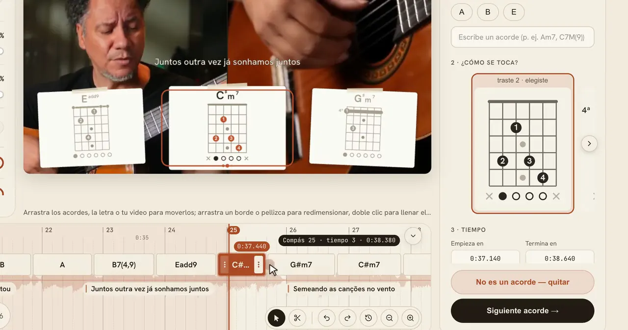 In the FlowChord editor, a chord's edge is dragged along the waveform and snaps to the next beat