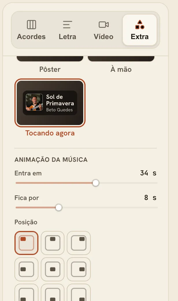 The Song card in the FlowChord editor: title style, when it comes in and how long it stays